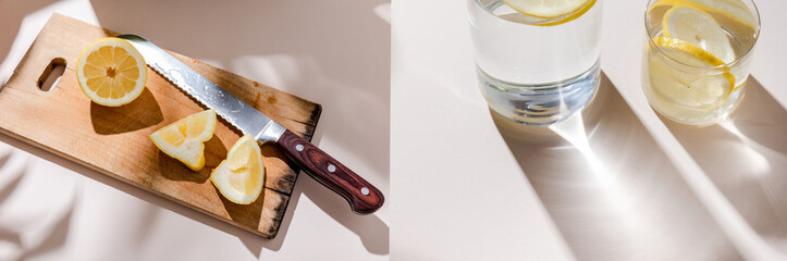 collage of sliced lemon and knife on wooden board and water in glasses on grey table with shadows