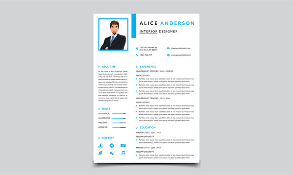 Clean Resume Design Template layout Blue 