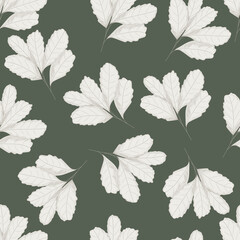 Vintage leaf seamless pattern on green background. Tree leaves backdrop. Autumn floral wallpaper.