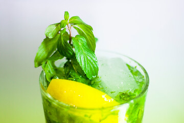 Mojito with mint and lemon or lime on the white background. Ice cubes in the alcoholic drink
