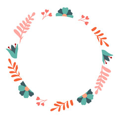 Fototapeta na wymiar Floral frame Vector decorative round frame with stylised flowers. Decoration in naive Scandinavian style.