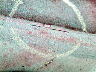 Craks indication on the surface of the weld metal after liquid penetrant test. It is a widely...