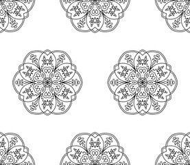 Fantasy seamless pattern with ornamental mandala. Abstract round doodle flower background. Floral geometric circle. Vector illustration.   
