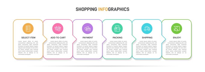 Concept of shopping process with 6 successive steps. Six colorful graphic elements. Timeline design for brochure, presentation, web site. Infographic design layout.