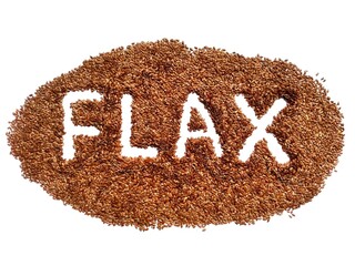 Flax seed heap with word flax isolated. Flaxseed pile on white background. Closeup macro organic flax seed crop.Top view flaxseed heap, flat lay. Healthy brown seed food. Raw flaxseed for linseed oil