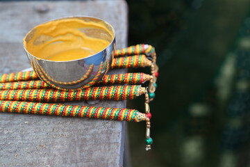Indian Hindu wedding rituals , Women making Haldi paste for Haldi ceremony