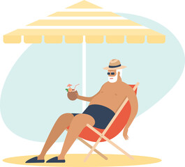 Old senior man enjoying a coconut cocktail under parasol. sleeping in a beach chair. Carefree retirement, travel, tropical vacation, summer tourism concept.