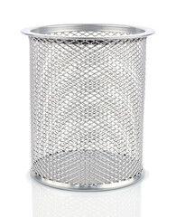 Empty desktop silver metal mesh holder cup for pens and pencils isolated on white background