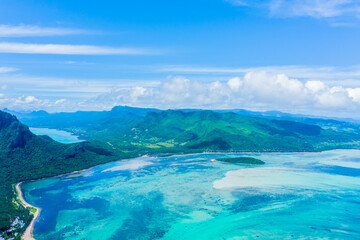 Aerial panoramic view of Mauritius island - Detail of Le Morne Brabant mountain with underwater...