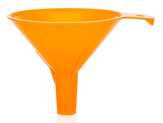 Orange plastic funnel close-up isolated on white background