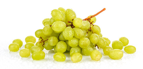 Wet green grapes with water drops on glossy surface on white background