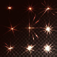 A set of yellow, orange glowing blue transparent sunshine, flashes, glares of energy rays, stars on a translucent dark, checkered black background from squares. Vector illustration