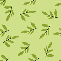 Geometric doodle branches with leaves seamless pattern on green background. Decorative vector ornamental spring endless wallpaper.