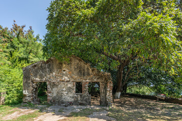Beautiful Ruins of Reduto de Santana Fort, Reduto do Armamento, Blue Coast Trail, between Meio Beach and Cachorro Beach, Fernando de Noronha, Unesco World Heritage site, Pernambuco, Brazil, July, 2019