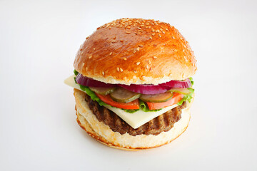 Juicy burger with onion rings, cucumbers, lettuce, cheese on a white background