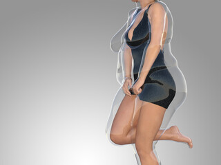 Conceptual fat overweight obese female vs slim fit healthy body after weight loss or diet with muscles thin young woman on gray. A fitness, nutrition or fatness obesity, health shape 3D illustration