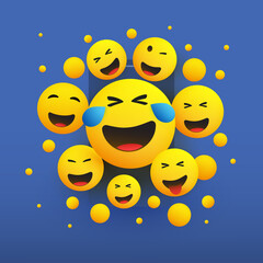 Various Faces with Tears of Joy - Laughing Crying Emoticons in Front of a Smartphone Screen, Vector Concept Illustration