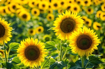 Fototapeta premium field of blooming sunflowers. Sunflower natural background. Sunflower blossoming close-up. Sunny summer day. Farming, harvesting concept. Selective focus image.