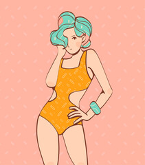 Green hair teenager girl with yellow pattern swimsuit and green jewelry on pink pattern background