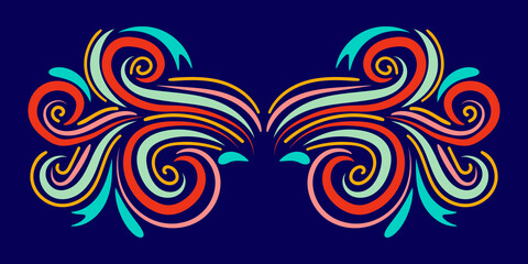 Colorful abstract curly element for design, swirl, curl. Divider, frame isolated on dark background. Vector illustration.