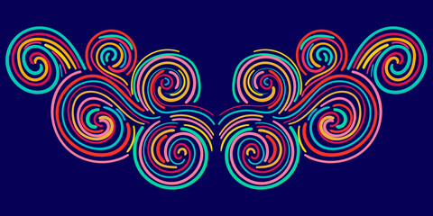 Colorful abstract curly element for design, swirl, curl. Divider, frame isolated on dark background. Vector illustration.