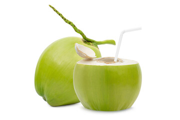 Fresh green coconut with ready to drinking isolated on white background, Refreshing concept,...