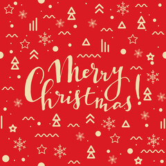 Seamless pattern for Christmas with snowflakes and memphis elements on red background for greeting cards, wrapping papers, fabric and Website backgrounds. Vector illustration