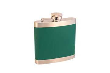 Iron flask for alcohol green color and silver lid on a white background, isolated