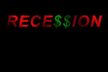red and green color gradient recession text with dollar currency symbol on black background