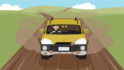 Fototapeta premium A man drove a car on a dirt road in a wide field to the point of dust dusting behind