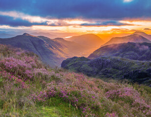 View of the valley and mountains at sunrise of Glencoe, highlands, Scotland, UK - obrazy, fototapety, plakaty
