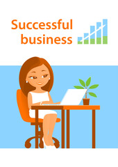 Young nice girl works in the office at the laptop. Sits at a table. Financial growth chart. Vector cartoon illustration about business. Vertical poster.