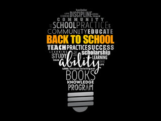 Back to School light bulb word cloud collage, education concept background