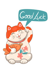 Maneki neko isolate on a white background and the inscription good luck. Vector graphics.