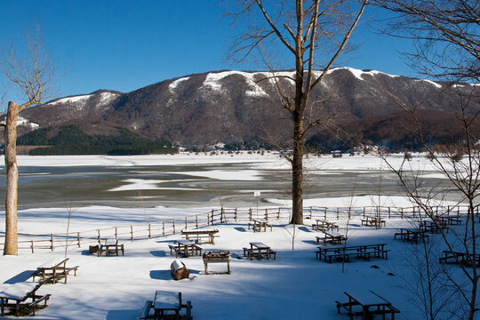 Landscape of Laceno Lake, from Avellino district, with iced lake and  snowy Apennines and picnic area, Campania,southern Italy, Italy.
