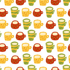 Seamless pattern with yellow, red, green tea cups with milk. Vector illustration isolated on a white background.