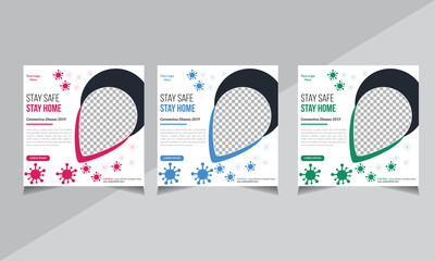 Medical social media banner design Template Coronavirus Covid-19, stay safe stay home, shape,printing, red, blue green colorful, banner design, presentation and brochure flyer concept vector