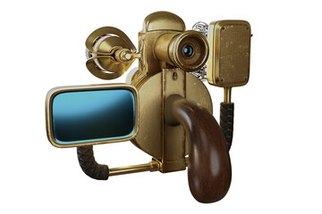 Retro vintage golden Live Stream Camera front view concept, isolated on white background with clipping paths, 3d rendering illustration realistic object in studio scene.