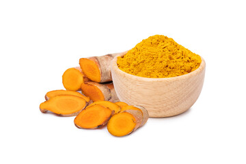 dry Turmeric powder  with rhizome  isolated on white background.
