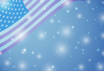 USA Independence Day card with american flag, stars and flares. Background for congratulations.