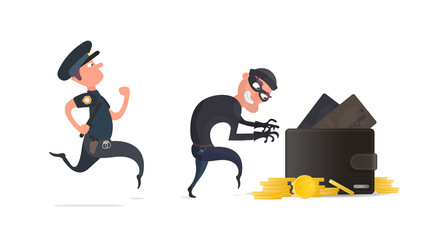 A criminal steals a wallet with credit cards and gold coins. A policeman detains a robber. The concept of robbery. Security finance and data. Flat style, Vector.
