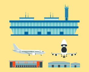 The Beautiful vector set of Air freight logistics transportation, airport terminal building, warehouse depot storage customs free zone and front open cockpit and rear view of plane. yellow background.