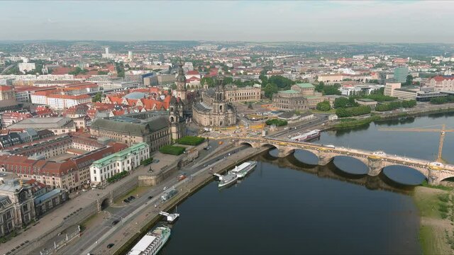 Aerial view of cityscape of Dresden, baroque palace Zwinger and opera house Semperoper Dresden in historic centre of capital city of Saxony - landscape panorama of Germany from above, Europe