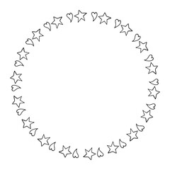 Round frame with stars and hearts on white background. Vector image.