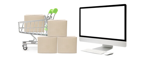 Online shopping and delivery service concept. Paper boxes in a shopping cart on Shopping cart, this image implies online shopping that customer order things from retailer sites via the internet.