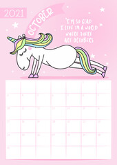 2021 October calendar with calligraphy phrase and unicorn doodle: "I'm so glad I live in a world where there are Octobers." Desk calendar, planner design, week starts on sunday.