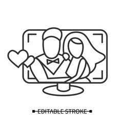 Wedding online. Groom and bride broadcasting ceremony via video call. Linear illustration pictogram for remote family communication technology and covid pandemic lockdown. Editable stroke vector