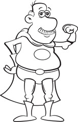 Black and white illustration of an old man in a super hero costume making a muscle.