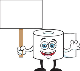 Cartoon illustration of a smiling roll of toilet tissue holding a sign.