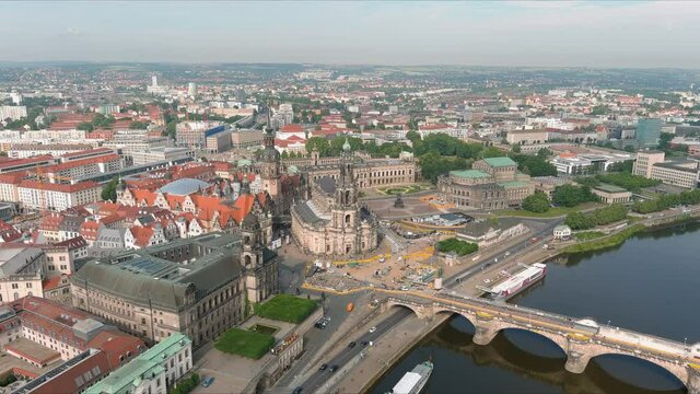 Aerial view of cityscape of Dresden, baroque palace Zwinger and opera house Semperoper Dresden in historic centre of capital city of Saxony - landscape panorama of Germany from above, Europe